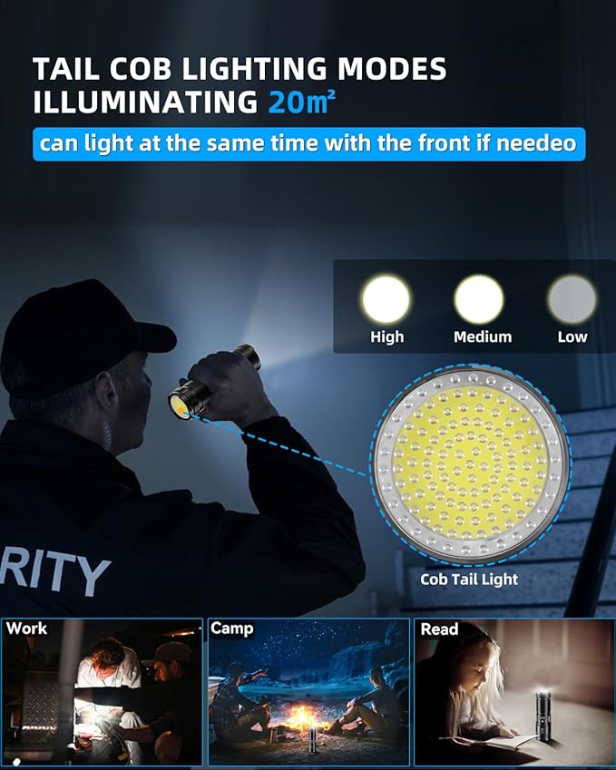 Flashlights High Lumens Rechargeable,Super Bright Flashlight with Tail COB Work Light,Zoom,8 Modes,1.5 Pounds Mid-Size Powerful Tactical Flashlights for Emergencies Camping