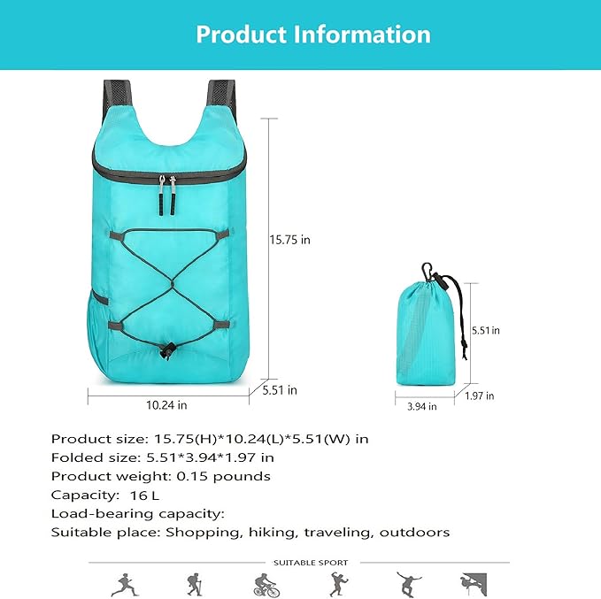 16L Hiking-Daypack Lightweight-Foldable Travel-Backpack Water-Resistant Camping Outdoor Packable Easy Carry-on Bag (Lake Blue)