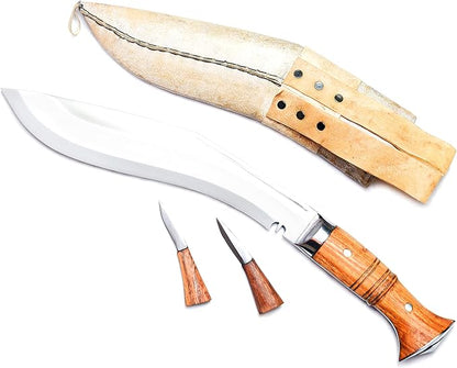 10” Blade Operation Kukri, Panawal Full Tang Gurka Khukri, Double Fuller Sharp Blade Khukuri, Beige Leather Scabbard w/ 2 extra utility knives, Handmade in Nepal Khukri