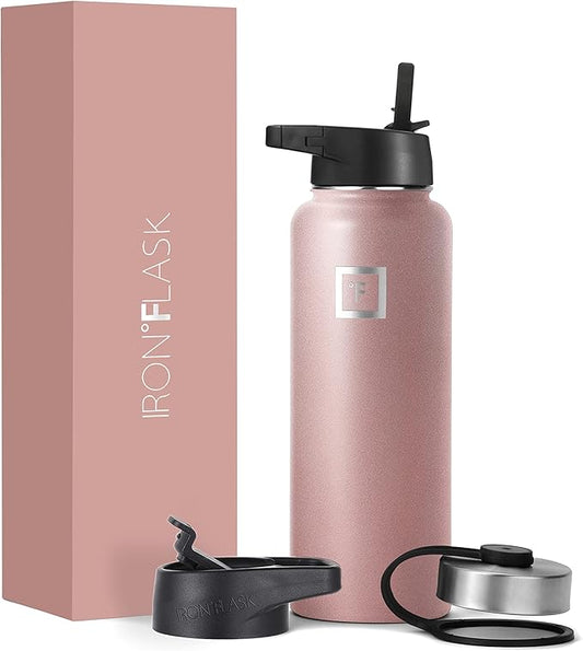 IRON °FLASK Camping & Hiking Hydration Flask, Wide Mouth, 3 Straw Lids, Stainless Steel Outdoor Water Bottle, Double Walled, Insulated Thermos, Metal Canteen - Rose Gold, 40 Oz