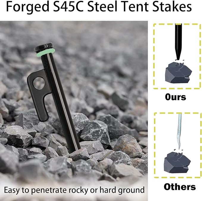 12 Pack Tent Stake with Hammer, 8in Heavy Duty Tent Stakes + 10in Camping Hammer+Storage Pouch, Forged Steel Tent Stakes for Camping Used on Rocks（12 Pack 8in Tent Stakes+Hammer）