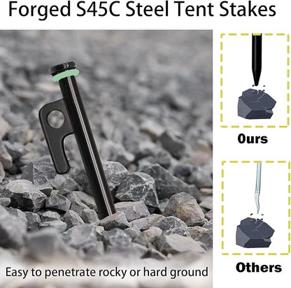 12 Pack Tent Stake with Hammer, 16in Heavy Duty Tent Stakes + 10in Camping Hammer+Storage Pouch, Forged Steel Tent Stakes for Camping Used on Rocks(12 Pack 16in Tent Stakes+Hammer