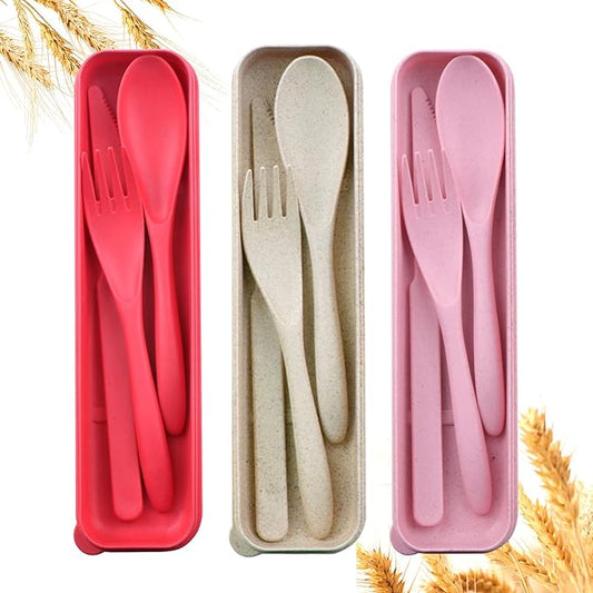 Reusable Travel Utensils Set with Case, 3 Sets Wheat Straw Portable Knife Fork Spoons Tableware, Eco-Friendly BPA Free Plastic Cutlery Travel Picnic Camping Utensils for Kids Adults Daily Use