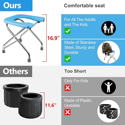 BLIKA U Shaped XL Portable Toilet for Camping, 400LBS Portable Folding Toilet for Adult, XL Stainless Steel Portable Toilet, Truck Toilet Portable