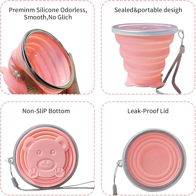 2 Pcs Collapsible Cup, Silicone Collapsible Travel Cup, Expandable Folding Camping Drinking Cup with Lids Reusable Small Portable Mugs Cup for Travel, Camping, Hiking,Outdoor Sports (Purple&Pink)