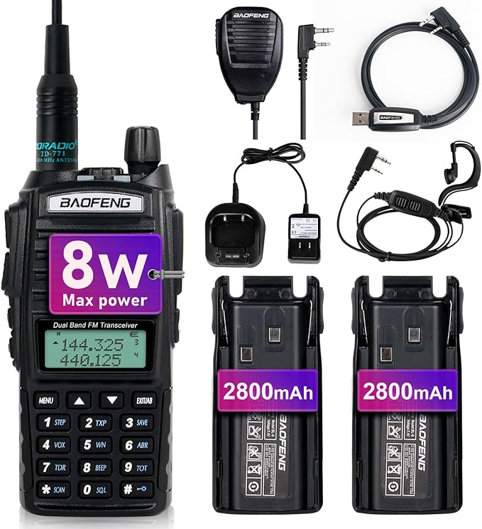 BaoFeng UV-82 High Power BaoFeng Radio Ham Radio Handheld Walkie Talkies with Earpiece, Extra 2800mAh Battery Hand Speaker Mic and Programming Cable Full Kits(1 Pack-Black)