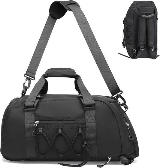 Unisex Travel Duffle Bag for Men Women, Waterproof Gym Bag with Shoe Compartment & Football Compartment, 32L Carry on Bag for Sports & Fitness, Black