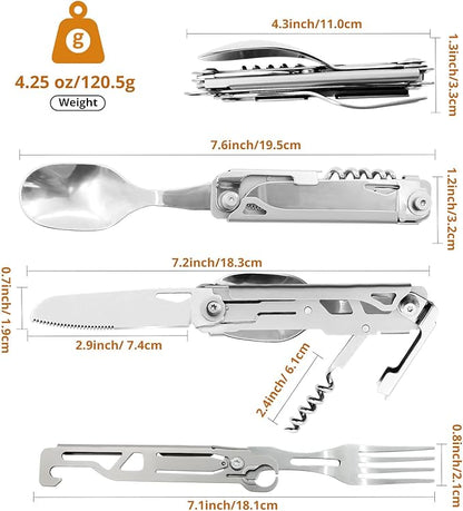 HONZIN Camping Utensil Set 5-in-1 Multi Functional Folding Flatware Set, Pocket Utensil Set Portable Detachable Stainless Steel Knife Spoon Fork Bottle Opener, Can Opener Combo Set with Carrying Bag