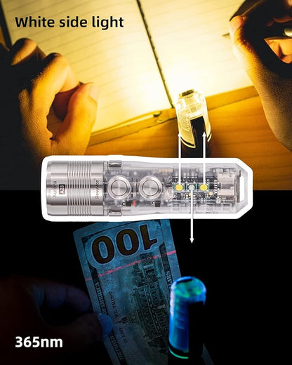 RovyVon A28 Gen 2 1000 Lumens EDC Flashlight, 6500K Cool White LED, USB-C Rechargeable, Dual Button for Momentary On/Lock Mode, Magnetic Clip, Gift for Ourdoor Emergency(365nm/White)