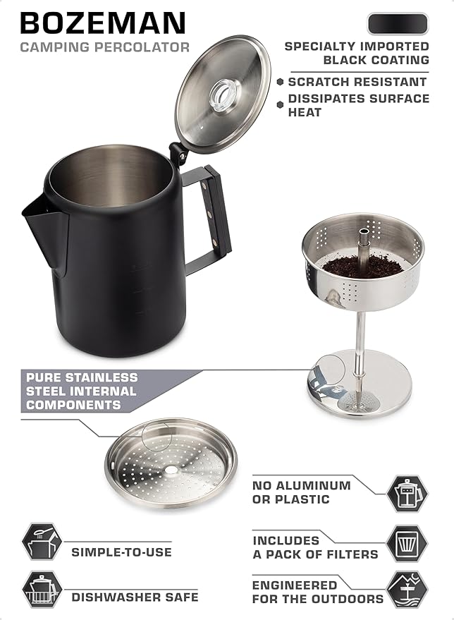 COLETTI Black Bozeman Percolator Coffee Pot — Camping Coffee Pot, Coffee Percolator – America’s Sleekest Percolator – Pure Stainless Steel, NO Aluminum or Plastic (9 Cup)
