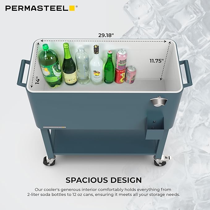 Permasteel 80-Qt Outdoor Patio Cooler with Removable Basin, Outside Beverage Cooler Cart, Rolling Cooler with Wheels and Handles, Teal Green