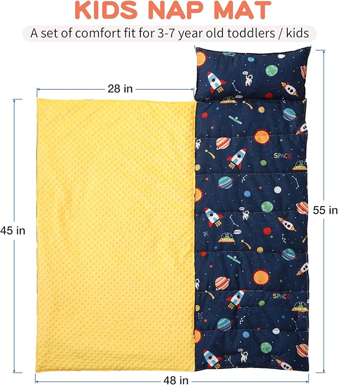Bunnikins & Clover Toddler Nap Mat with Removable Pillow, Nap Mats for Preschool, Easy Clean Toddler Nap Pad for Kindergarten, Kids Sleeping Bag for Travel Camping