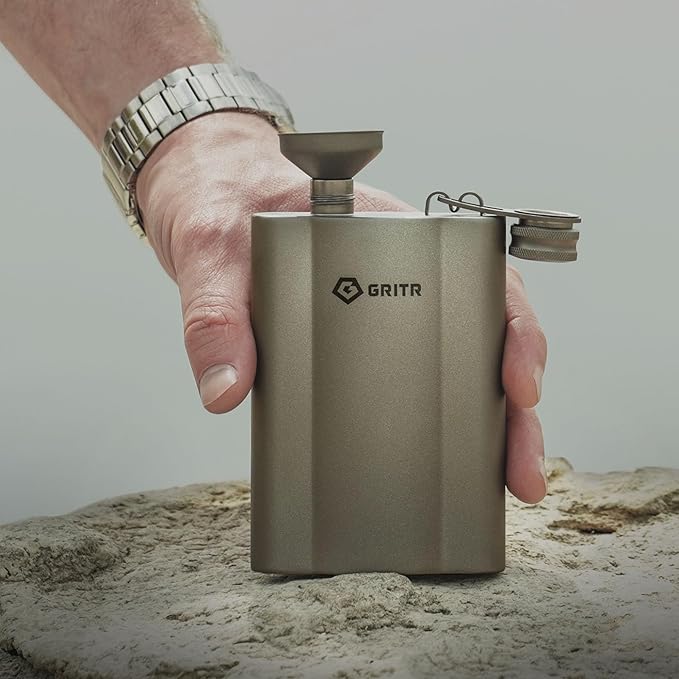 GRITR Titanium Hip Flask 6 fl oz/180 ml w/Filler Funnel & Screw Cap Clip for Camping, Hiking, Backpacking, Travel, Outdoor Events, Picnics, Parties | Ultralight Pocket Drinkware for Men & Women