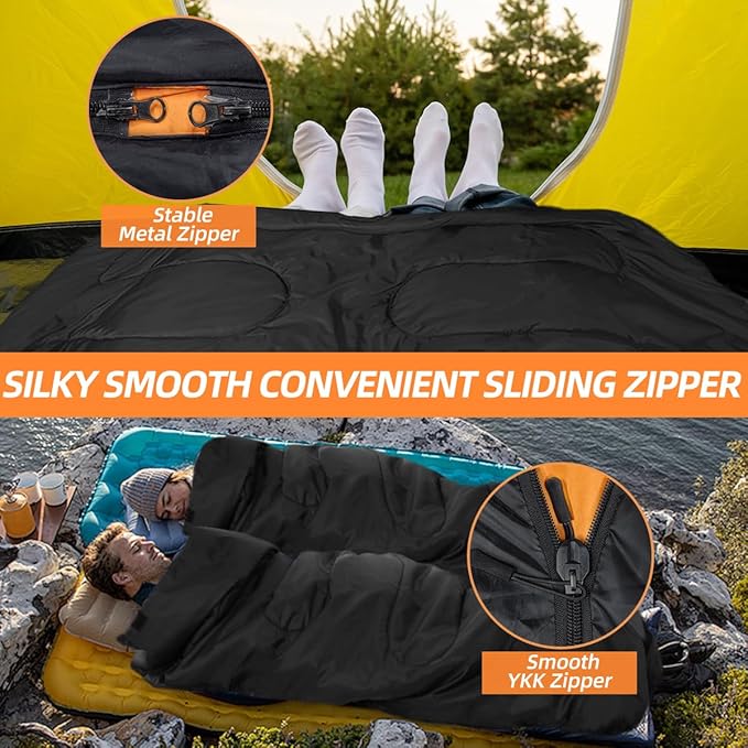 Double Sleeping Bags for Adults, 2 Person Camping Sleeping Bag for Cold Weather & Warm, Queen Size Sleeping Bag with 2 Pillow, Sleep Bag for Camping, Hiking, Backpacking