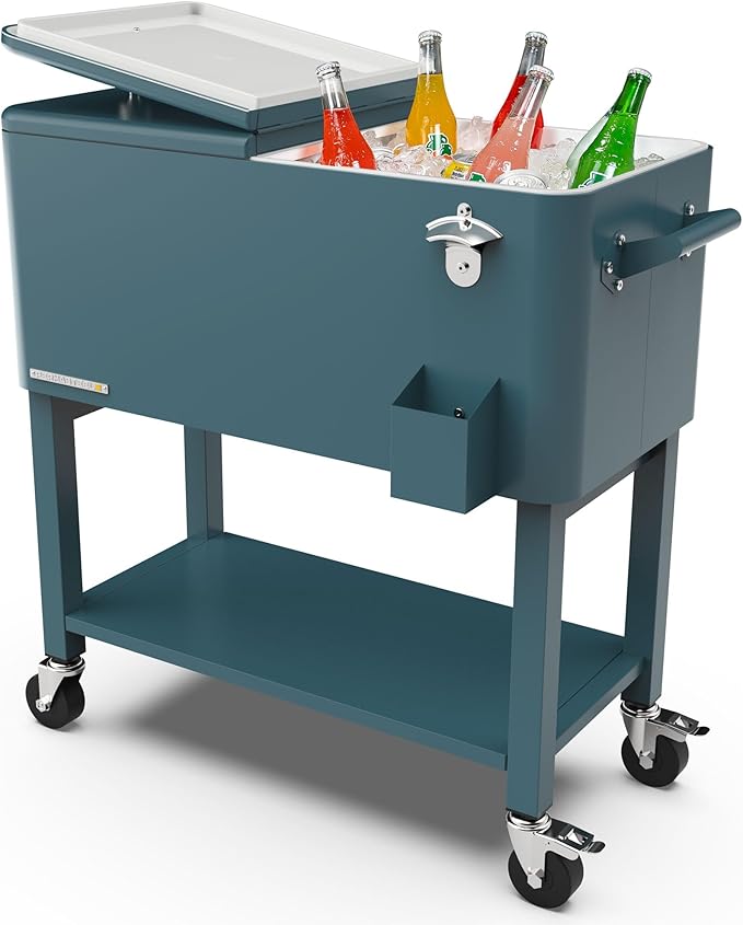 Permasteel 80-Qt Outdoor Patio Cooler with Removable Basin, Outside Beverage Cooler Cart, Rolling Cooler with Wheels and Handles, Teal Green