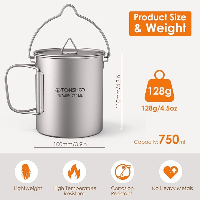 TOMSHOO Camping Titanium Pot 750ml/25.4 oz Outdoor Titanium Mug with Lid Camping Coffee Cup with Foldable Handle for Camping Hiking Travelling Backpacking Camping Open Fire