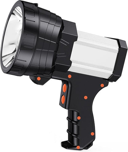 Samyoung Spotlight 120000 Lumen Super Bright, 10000 mAh 30 Hours LED Rechargeable Flashlights, IP65 Waterproof Rechargeable Spotlight Come with Collapsible Tripod & Strip for Hunting Boat Camping