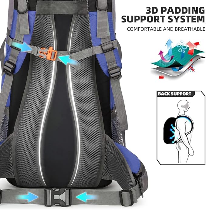 King'sGuard 70L Hiking Backpack Large Lightweight Waterproof Camping Backpack Travel Backpacking Backpack Daypack with Rain Cover -Frameless (Deep Blue)