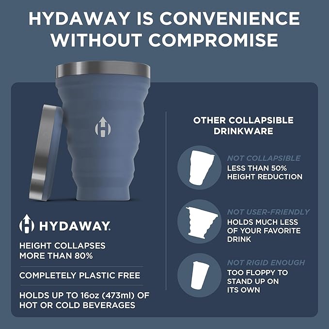 HYDAWAY Collapsible Pint - 16 oz, Silicone & Steel Rim I Collapsible Cup for Beer, Water & Soda, Portable Drinking Cup for Party, Camping, Backpacking & Hiking, Folding Travel Cups Collapse to 1-inch