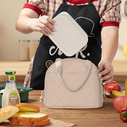 Lunch Bag, Quilted Pure Beige, Insulated Thermal Tote with Pocket, Large Capacity Reusable Cooler for Work or Travel, 8.5L