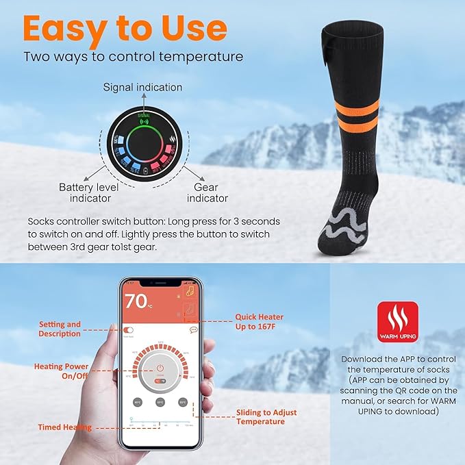 Heated Socks, Rechargeable Heated Socks for Men Women, 7.4V 3000mAh Battery Powered Electric Socks with APP Control 3 Heating Levels Foot Warmer for Winter Outdoor Sports Hunting Skiing Camping Hiking