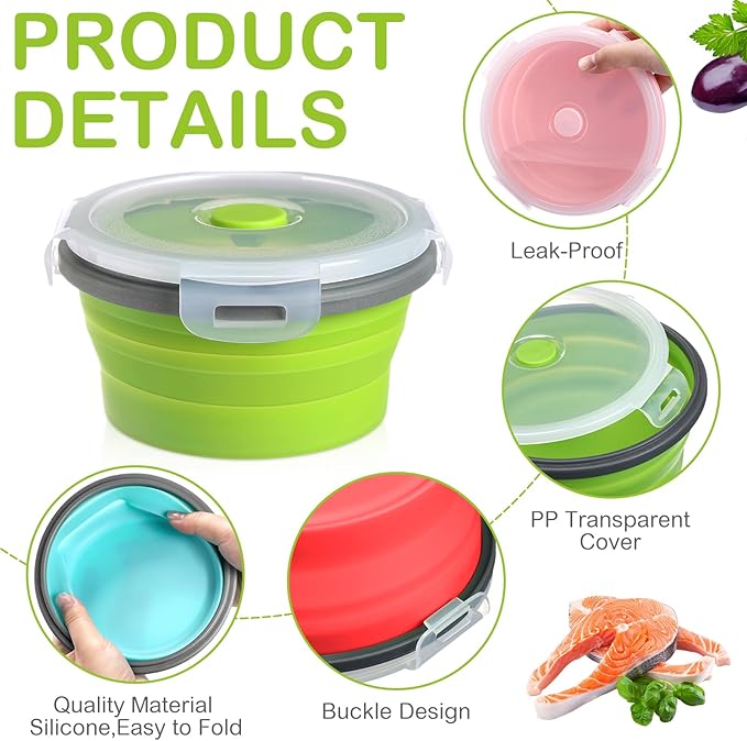 4 Set Camping Bowl with Lid Collapsible Silicone Bowl with Foldable Stainless Steel Fork Salad Bowl Portable Folding Fork Set for Travel Picnic Camping Utensils