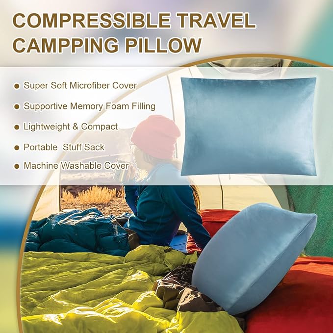Ivellow Memory Foam Travel Pillow Compressible Camping Pillow for Sleeping Shredded Memory Foam Pillow Compact Firm Supportive Travel Pillow for Adults Kids Outdoor Hiking Essential Gear Blue-M