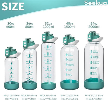 48 oz Large Sports Glass Water Bottle with Straw & Time Marker, Motivational Daily Glass Drinking Bottle with Strap for Fruit Infused Water, Smoothie, Coffee