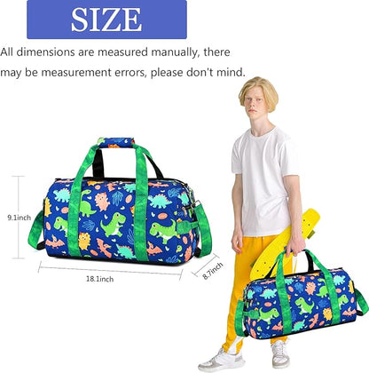 LOIDOU Duffle Bag for Boys Sport Gym Bag Kids Overnight Bag Girls Weekender Bag with Wet Pocket & Shoe Compartment (Dinosaur Navy)