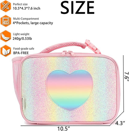 Insulated Lunch Box for School, Thermal Reusable Durable Freezable Lunch Bags for Kids Boys Girls Men Women - Small Soft Cooler Portable Lunch Tote Kit for Work Picnic Travel,Rainbow Glitter