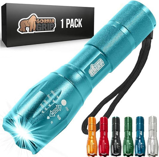 Gorilla Grip Powerful LED 750 FT Water Resistant 5 Adjustable Mode Tactical Flashlight, High Lumens Ultra Bright Battery Life Zoom Flashlights, Small Camping Car Mini Flash Light Accessories Turquoise