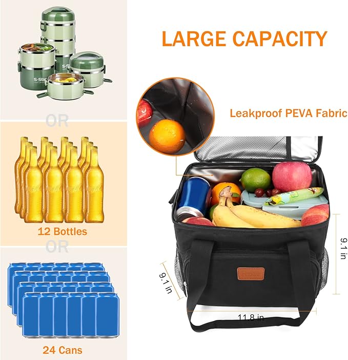 Femuar Lunch Bags for Women/Men, Insulated Lunch Bag for Work Office Picnic - Large Lunch Cooler Bag Leakproof Lunch Box with Adjustable Shoulder Strap for Adults - Black(15L)
