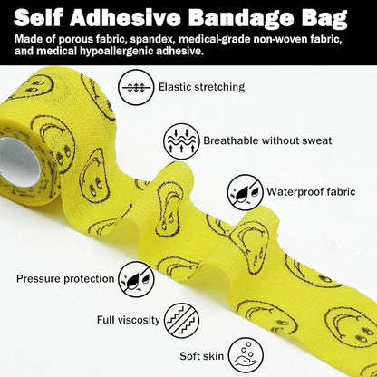 First Aid Bandages Cohesive Wrap Adhesive Self Adherent Tape - Colorful Bandages (Yellow Smile, 2-Inch)