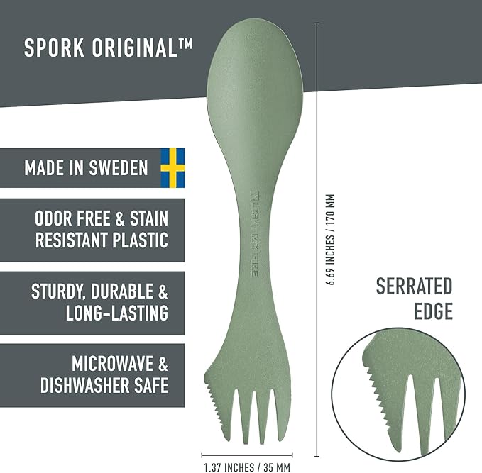 Light My Fire Spork Original — 3-in-1 Camping Spoon Fork Knife Combo — Reusable Travel & Camping Utensils — Lunch Spork — Outdoor Backpacking Hiking Picnic Utensil BPA Free — 4-Pack Nature