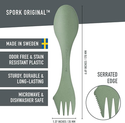 Light My Fire Spork Original — 3-in-1 Camping Spoon Fork Knife Combo — Reusable Travel & Camping Utensils — Lunch Spork — Outdoor Backpacking Hiking Picnic Utensil BPA Free — 4-Pack Nature