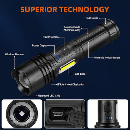 Rechargeable LED Flashlights High Lumens: 900,000 Lumens Super Bright Tactical Flashlight, 7 Modes with Cob Work Light, IPX7 Waterproof, Powerful Flash Light for Home, Gift for Men Women