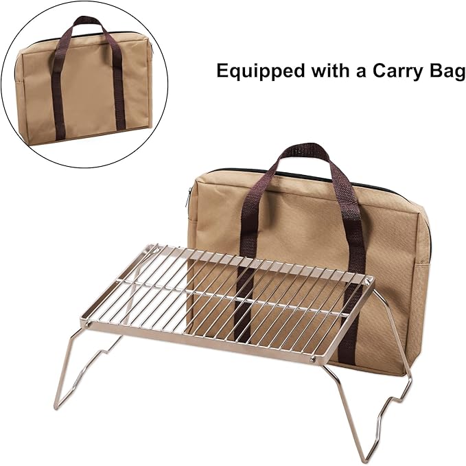 Campfire Grill 304 Stainless Steel Grate, Folding Camping Grill Heavy Duty with Carrying Bag, Medium
