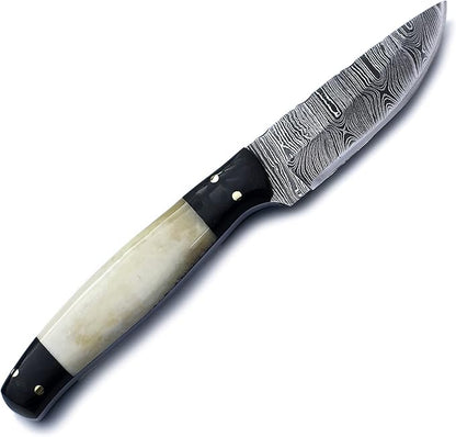 Handmade Damascus Steel Knife Bowie for Hunting,Survival,Camping,Bushcraft and Fishing Fixed Blade withDrop Point-Full Tang Bone Handle with Cowhide-Leather Sheath - WKD-775