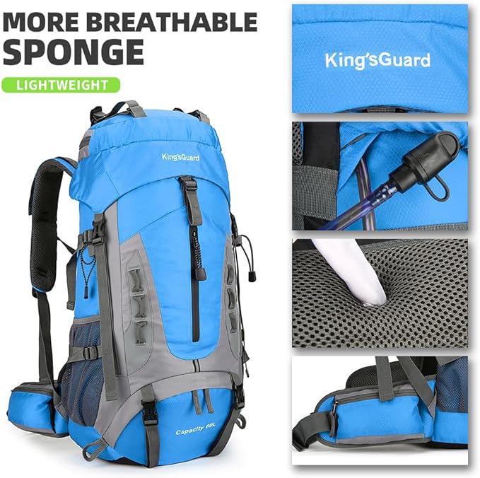 King'sGuard 60L Hiking Backpack Lightweight Camping Backpack with Rain Cover Large Waterproof Packable Outdoor Trekking Travel Backpack for Men Women (Blue)