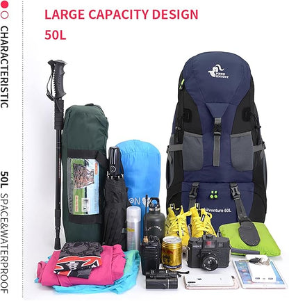 Bseash 50L Hiking Backpack, Water Resistant Lightweight Outdoor Sport Daypack Travel Bag for Camping Climbing Touring (Dark Purple - With Shoe Compartment)