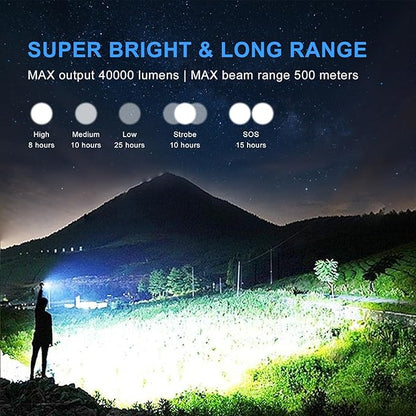 Flashlights High Lumens, LED Flashlight Rechargeable Super Bright 40000 Lumens XHP70.2, High Power Tactical Flashlights, Powerful Handheld Emergency Flashlight for Camping Hiking Gift