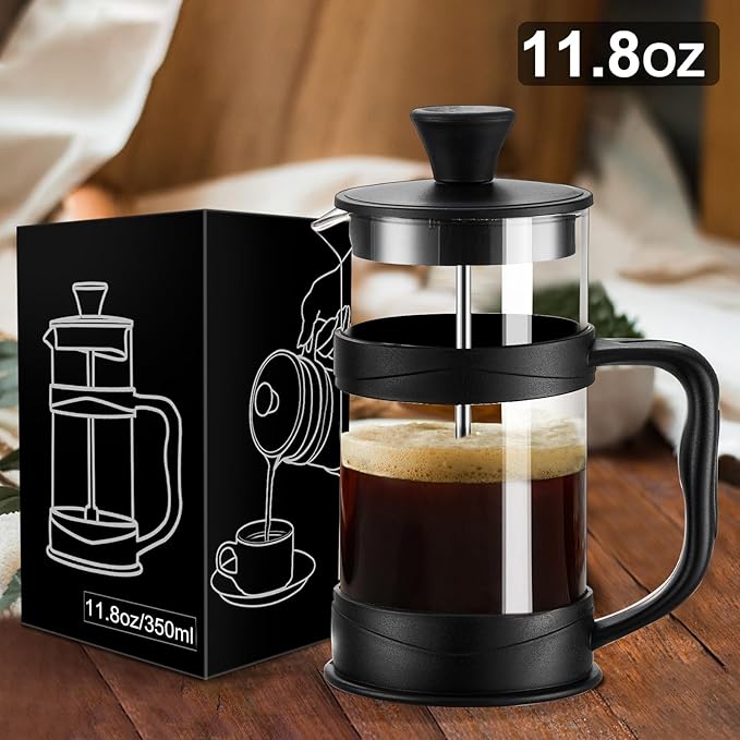 French Press Coffee Maker, Coffee Press of 18/8 Stainless Steel Filter 11.8 OZ, Mini Camping French Press for Travel& Home Gift(Black)