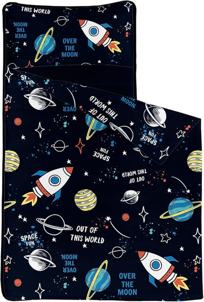 Space Nap Mat - Space Ship Galaxy Sleeping Bag with Removable Pillow - Daycare and Sleepovers Preschool Kindergarten Bedding Set for Kids Toddler Boys Girls