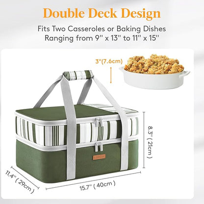 Double Decker Insulated Casserole Carrier for Hot or Cold Food, Lasagna Holder Tote for Potluck Parties/Picnic/Cookouts, Fits 9"x13" Baking Dish, Dark Green