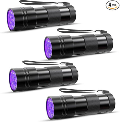 COSOOS 4 Pack Blacklight Flashlights, 395nm UV Handheld Black Light Flashlight, 12LED Mini Portable Pet Urine Detector for Dog Cat Urine, Scorpions, Dry Stains, Bed Bugs