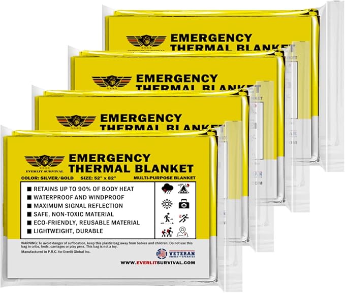 EVERLIT Survival Emergency Mylar Thermal Blanket, Foil Space Blanket Designed for NASA, Body Warmer Blanket for Outdoor, First Aid, Camping Gear, Hiking Travel (Gold & Silver, 4 Pack)