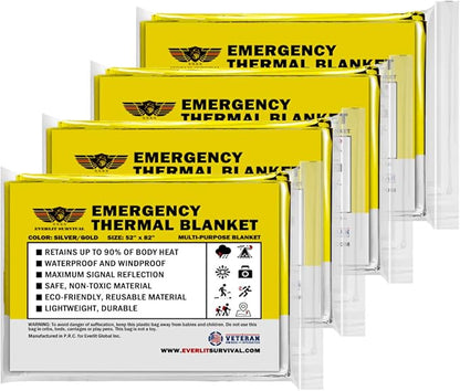 EVERLIT Survival Emergency Mylar Thermal Blanket, Foil Space Blanket Designed for NASA, Body Warmer Blanket for Outdoor, First Aid, Camping Gear, Hiking Travel (Gold & Silver, 4 Pack)