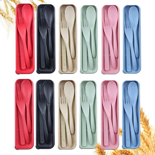 Reusable Travel Utensils Set with Case, 12 Sets Wheat Straw Portable Knife Fork Spoons Tableware, Eco-Friendly BPA Free Plastic Cutlery Travel Picnic Camping Utensils for Kids Adults Daily Use