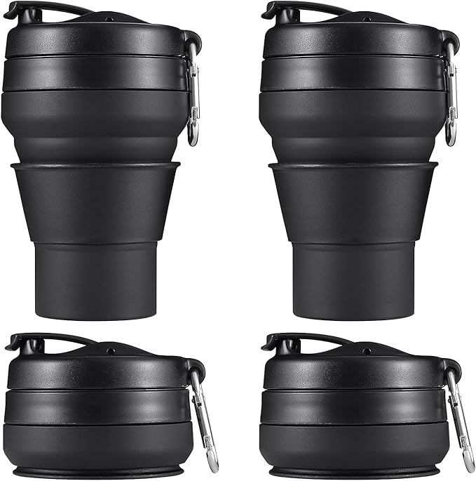 2PACK Collapsible Coffee Cup, 20 OZ 600ml Silicone Folding Camping Cup, Leak Proof BPA Free Portable Cup, Sport Bottle with Lids for hiking (Black)