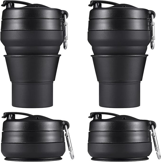 2PACK Collapsible Coffee Cup, 16 OZ 480ml Silicone Folding Camping Cup, Leak Proof BPA Free Portable Cup, Sport Bottle with Lids for hiking (Black)
